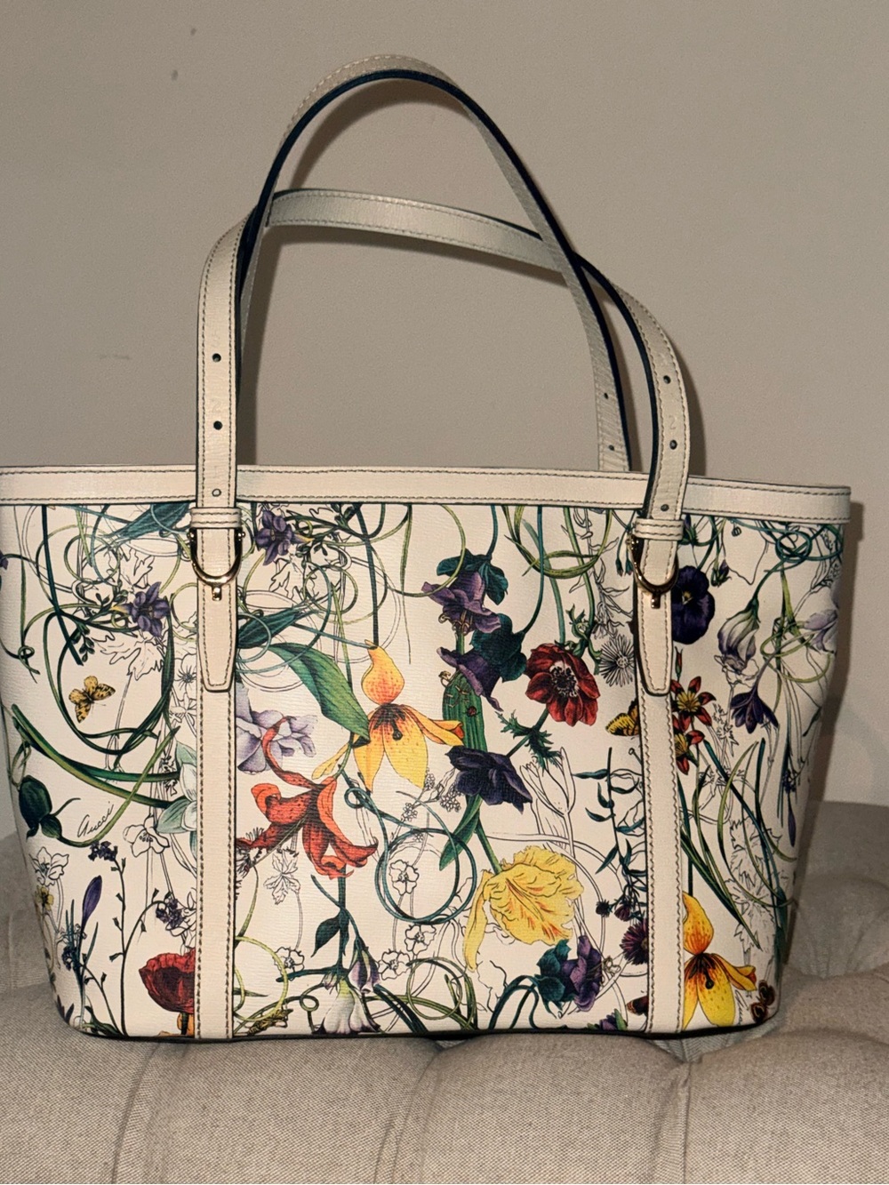 Gucci Flora Nice All Leather Tote Bag Ivory